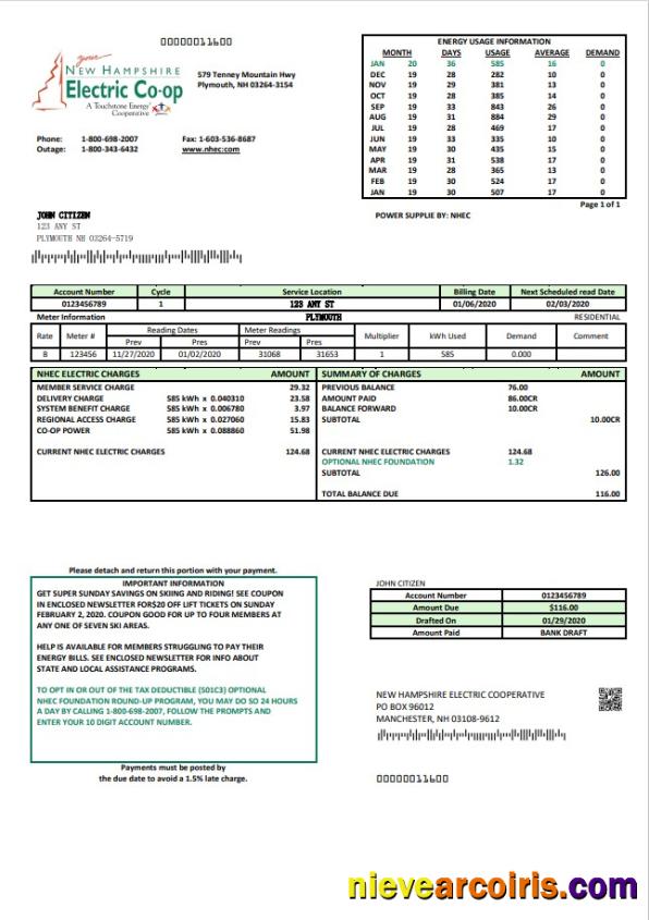 USA New Hampshire Electric Co-op electricity utility bill